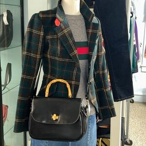 Stylish Black VEGAN Leather Bag BAMBOO & Gold Accent top handle- Crossbody strap